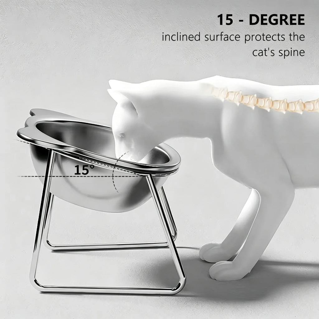Elevated Cat Bowl - 15-Degree Tilted Stainless Steel Feeding Dish with Raised Stand